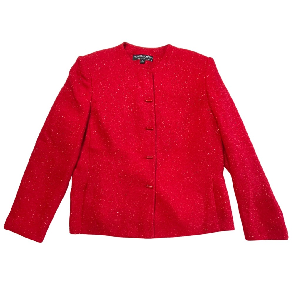 Vintage 90s Kasper Red Sparkly Tweed Blazer Jacket 14 Preppy‎ Old Money Career